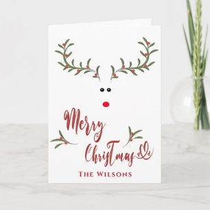Funny whimsy holly reindeer Red non photo Holiday 