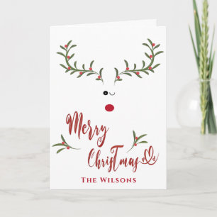 Funny whimsy holly reindeer Red non photo Holiday  Card