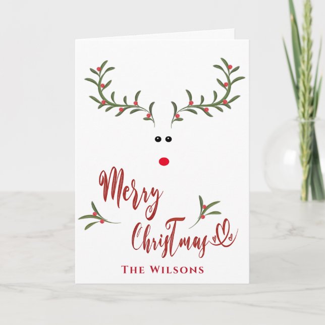 Funny whimsy holly reindeer Red non photo Holiday  Card (Front)
