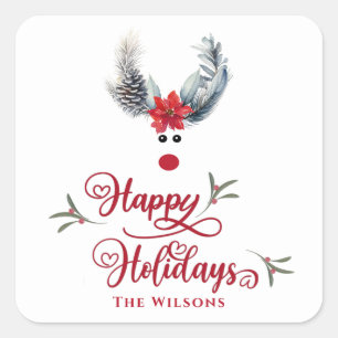 Funny whimsy poinsettia reindeer Holiday  Square Sticker