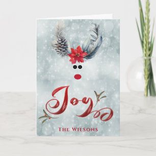 Funny whimsy poinsettia reindeer joy  Holiday  Card