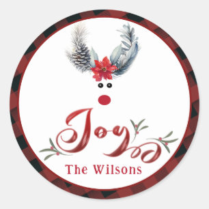 Funny whimsy poinsettia reindeer joy Holiday  Classic Round Sticker