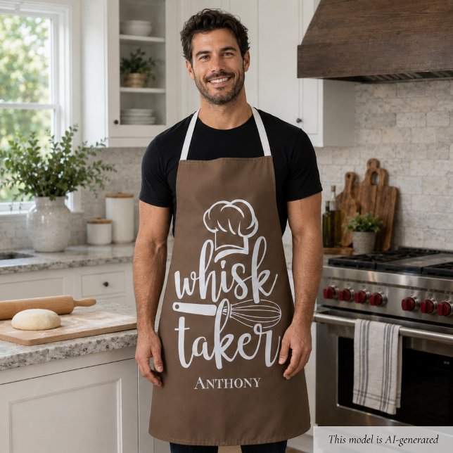 Funny Whisk Taker Apron (funny brown whisk taker apron for baking men with custom name monogram)