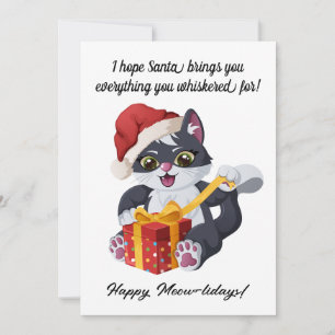 Funny Whiskered Cat Opening Present Christmas Holiday Card
