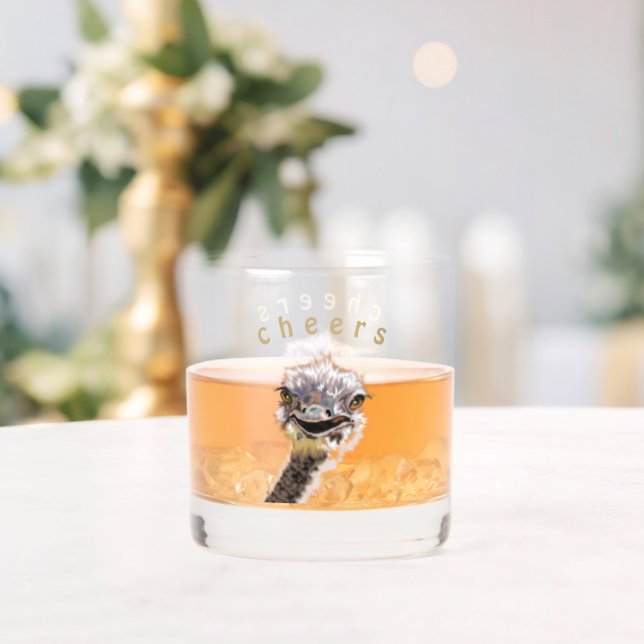 Funny Whiskey Glass Happy Ostrich - Custom Text (Insitu (Wedding))
