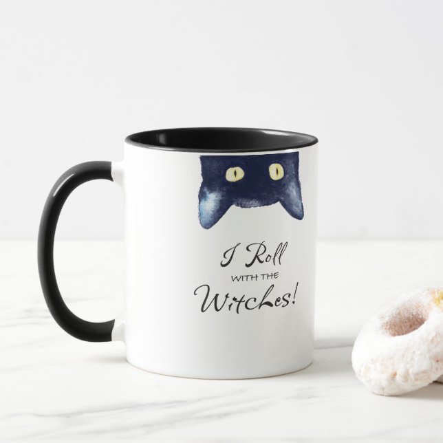 Funny White and Black Cat Coffee Mug (With Donut)