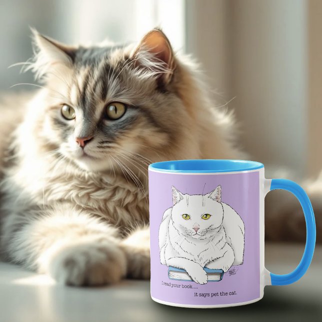 Funny White Cat Book Reading Humor Purple Mug (Creator Uploaded)