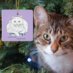 Funny White Cat Book Reading Humour Purple Ceramic Ornament