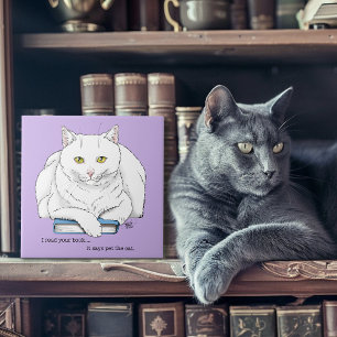 Funny White Cat Book Reading Humour Purple Ceramic Tile