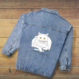 Funny White Cat Book Reading Humour Purple Denim Jacket