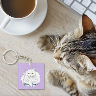 Funny White Cat Book Reading Humour Purple Key Ring