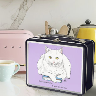 Funny White Cat Book Reading Humour Purple Metal Lunch Box