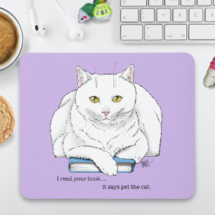 Funny White Cat Book Reading Humour Purple Mouse Pad
