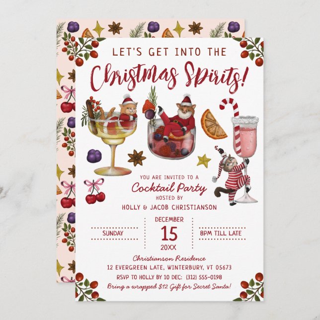 Funny White Cat Christmas Spirit Cocktail Party  Invitation (Front/Back)