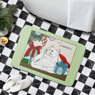Funny White Cat Christmas Tree Ornaments Green Bath Mat