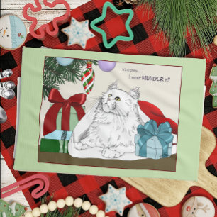 Funny White Cat Christmas Tree Ornaments Green Tea Towel