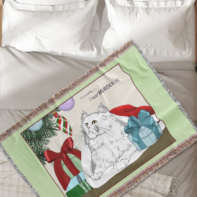 Funny White Cat Christmas Tree Ornaments Green Throw Blanket (Creator Uploaded)