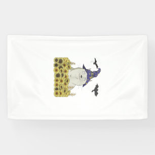 Funny White Cat in Witch Hat Vintage Halloween Sun Banner