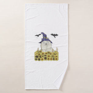 Funny White Cat in Witch Hat Vintage Halloween Sun Bath Towel