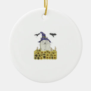 Funny White Cat in Witch Hat Vintage Halloween Sun Ceramic Ornament