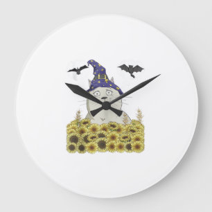 Funny White Cat in Witch Hat Vintage Halloween Sun Large Clock