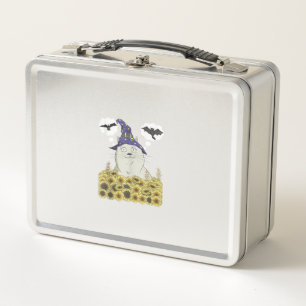 Funny White Cat in Witch Hat Vintage Halloween Sun Metal Lunch Box