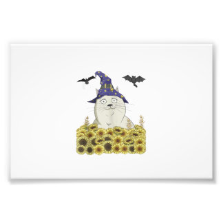 Funny White Cat in Witch Hat Vintage Halloween Sun Photo Print