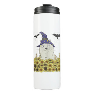 Funny White Cat in Witch Hat Vintage Halloween Sun Thermal Tumbler