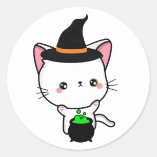 Funny white cat is a witch classic round sticker