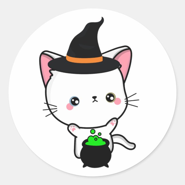 Funny white cat is a witch classic round sticker (Front)