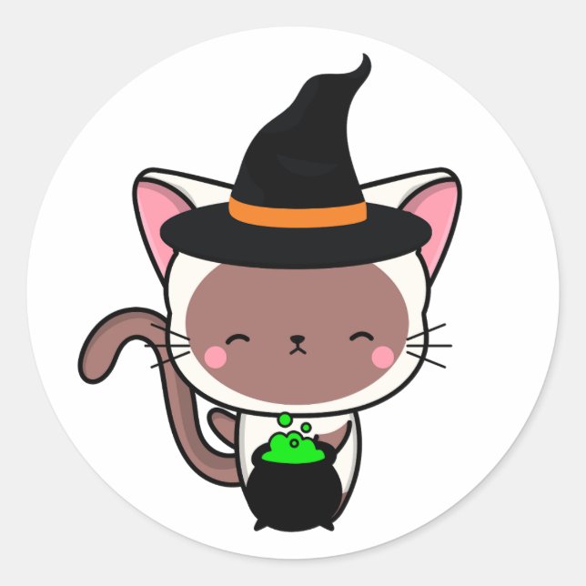 Funny white cat is a witch classic round sticker (Front)
