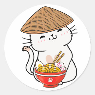Funny white cat is eating noodles classic round sticker