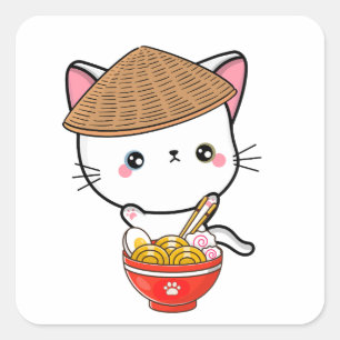 Funny white cat is eating noodles square sticker