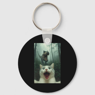 Funny White Cat Selfie With T-rex Dinosaur, Cat Ki Key Ring