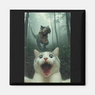 Funny White Cat Selfie With T-rex Dinosaur, Cat Ki Magnet