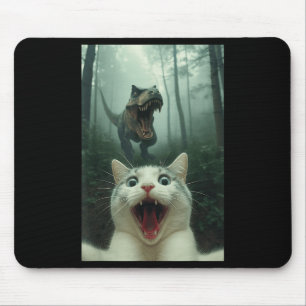 Funny White Cat Selfie With T-rex Dinosaur, Cat Ki Mouse Pad