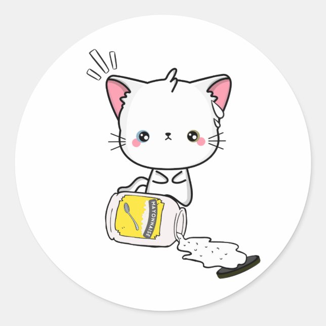 Funny white Cat spilled mayonnaise Classic Round Sticker (Front)