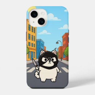 Funny White Cat Sticker with Mask and Knife iPhone 14 Case