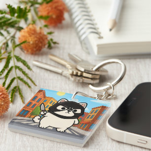 Funny White Cat Sticker with Mask and Knife Key Ring