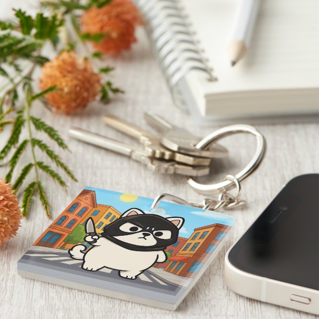 Funny White Cat Sticker with Mask and Knife Key Ring (Front Right)