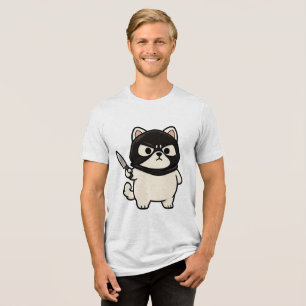 Funny White Cat Sticker with Mask and Knife Tri-Blend Shirt