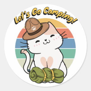 Funny white cat wants to go camping classic round sticker