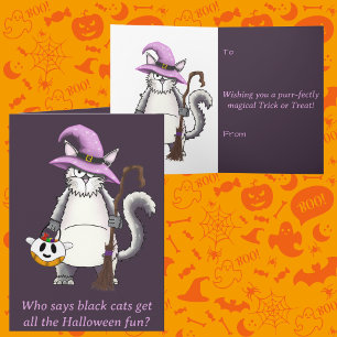 Funny White Cat Witch Halloween Greeting Card