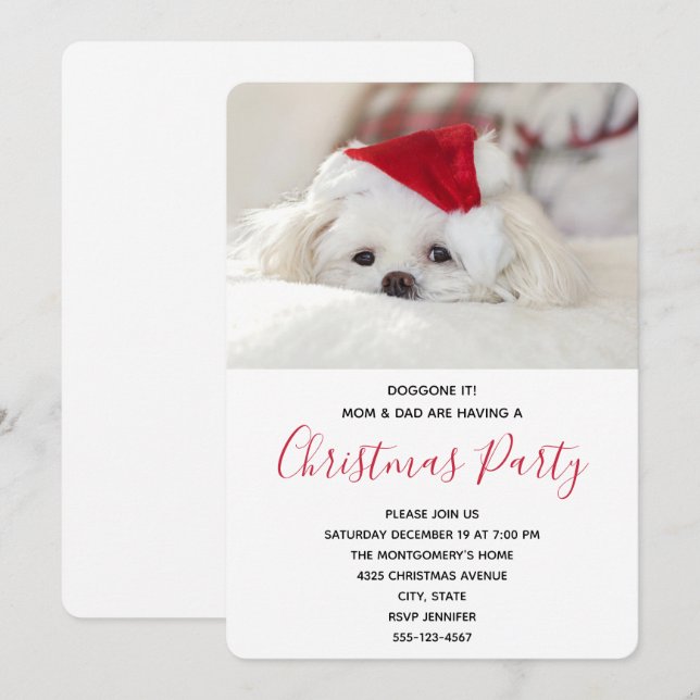 Funny White Dog in a Red Christmas Hat Party Invitation (Front/Back)