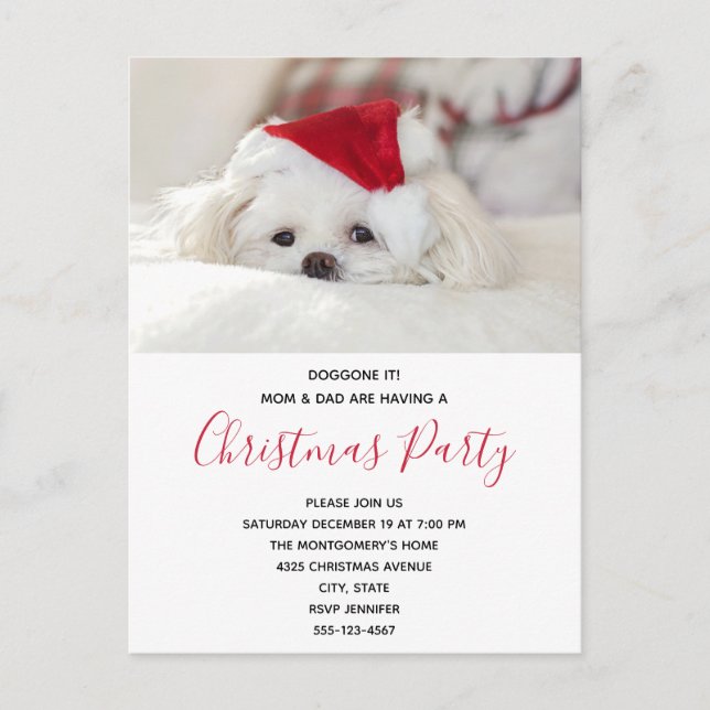 Funny White Dog in a Red Christmas Hat Party Invitation Postcard (Front)