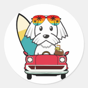 Funny White Dog is driving to the beach Classic Round Sticker