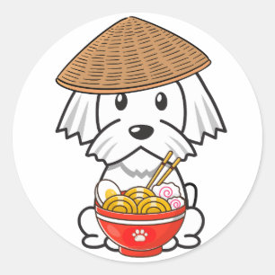 Funny white dog is eating noodles classic round sticker