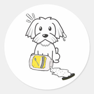 Funny white dog spilled mayonnaise classic round sticker