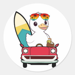 Funny white duck is driving to the beach classic round sticker