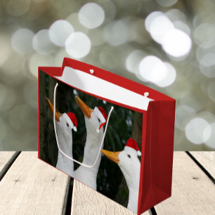 Funny White Ducks in Red Santa Caps Holiday Large Gift Bag